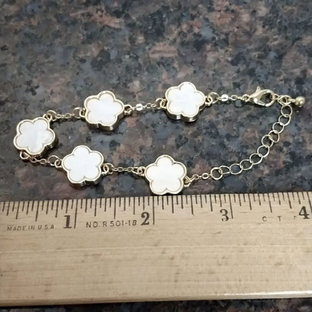 White Enamel 5 Clover Bracelet on gold chain...New